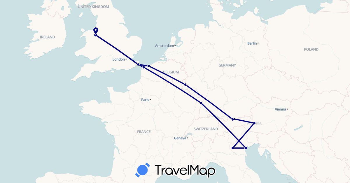 TravelMap itinerary: driving in Austria, Germany, France, United Kingdom, Italy, Luxembourg (Europe)
